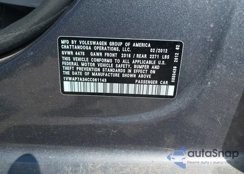 2012 Volkswagen Passat 2.5L S from USA, damaged, VIN 1VWAP7A34CC061143